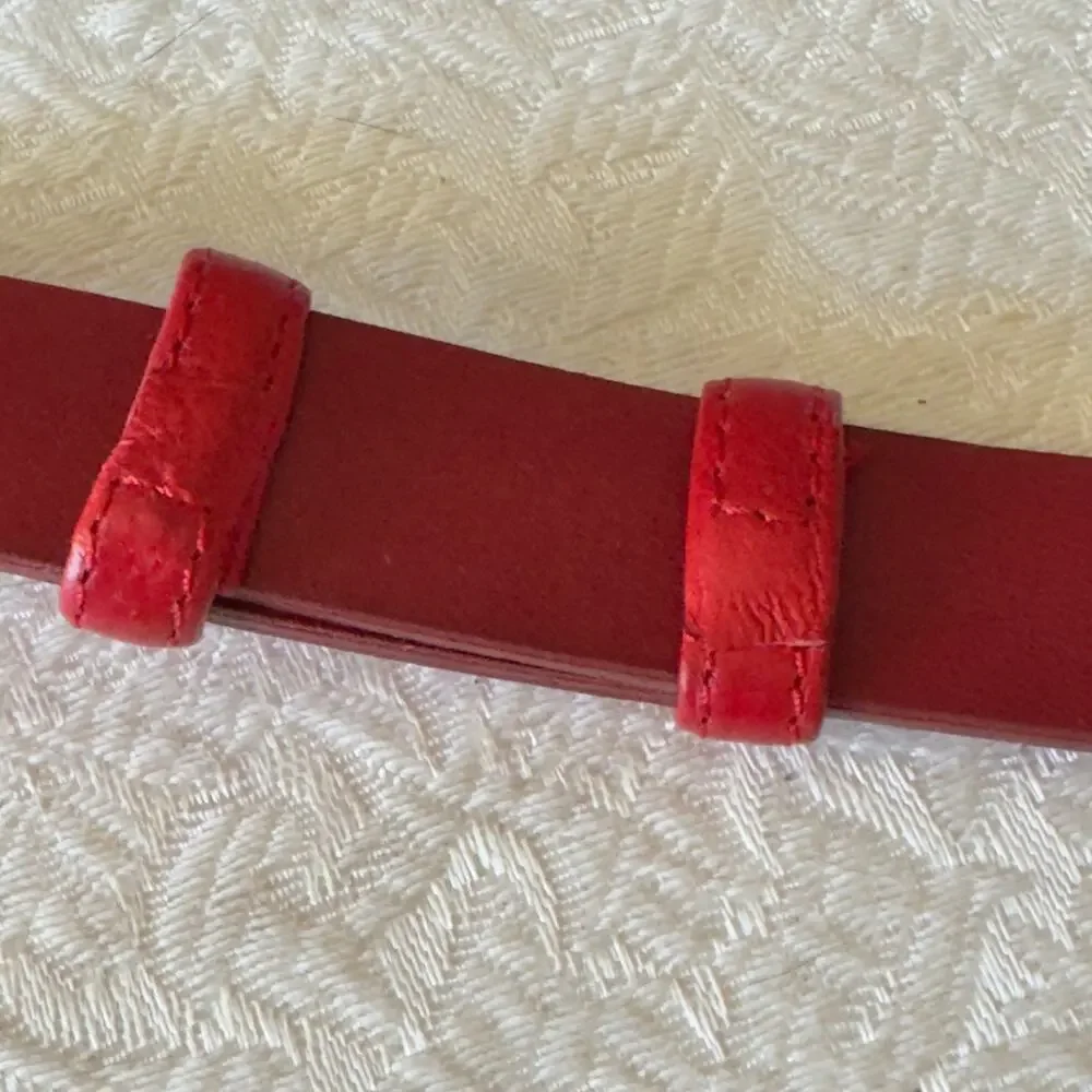 Vintage Cherry Red Leather Belt Pewter Buckle Aztec Mexican Adjustable 22-33”